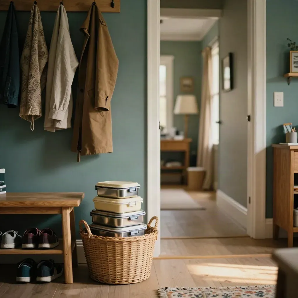 Entryway with stacked lunchboxes, tucked shoes, and ordered coats in warm cinematic light.