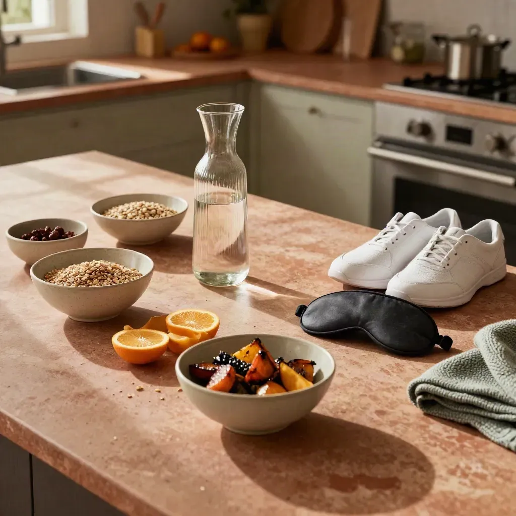 Overhead kitchen island with meal bowls, water carafe, sleep mask, shoes and knit throw