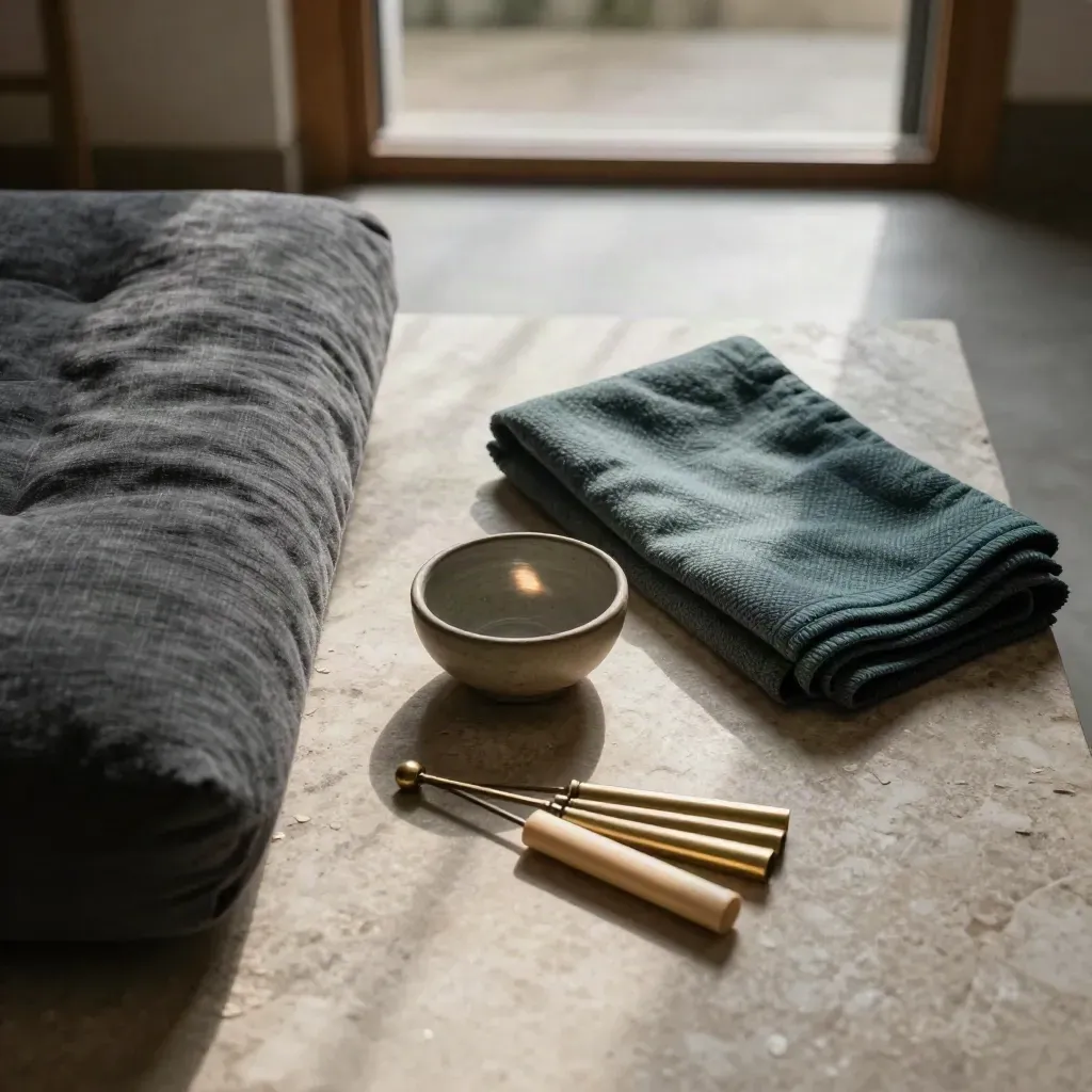 Overhead wellness flatlay with meditation cushion, bowl, blanket and brass chime on stone.
